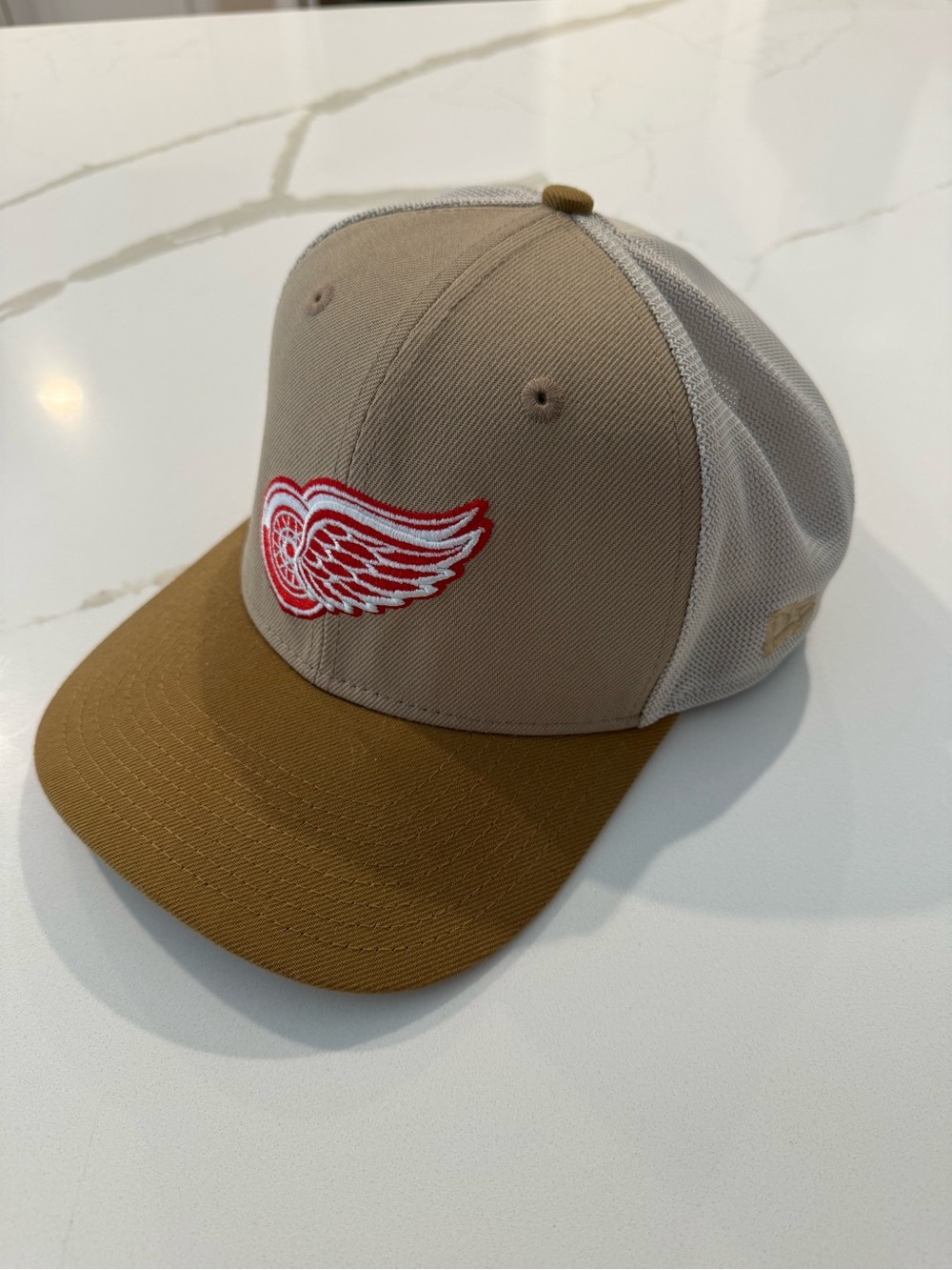 Men's Two-Tone Tan & Brown Trucker Hat with Red Wing Patch